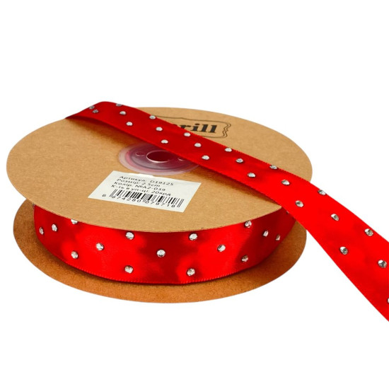 Атласная лента 2,5см х 18м со стразами красная (D19125-A2-039)
