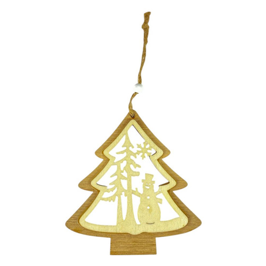 Деревянная подвесная елка со снеговиком 13х12см (L00403)