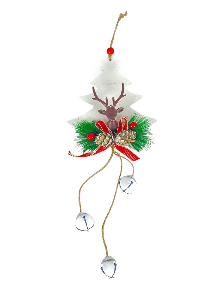 Деревянная подвеска елка белая с оленем 12 х 12 см (L00409)