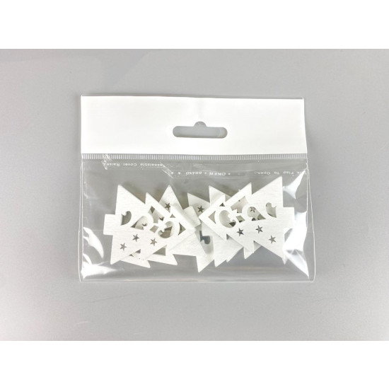 Деревянная елка с завитками и звездами 5 х 6см, белая, 5шт (TK-025)