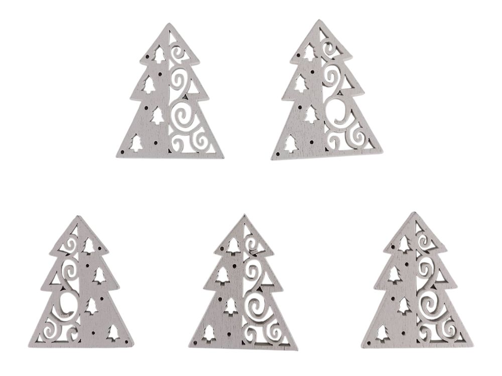 Деревянная елка с завитками и звездами 5 х 6см, белая, 5шт (TK-025)