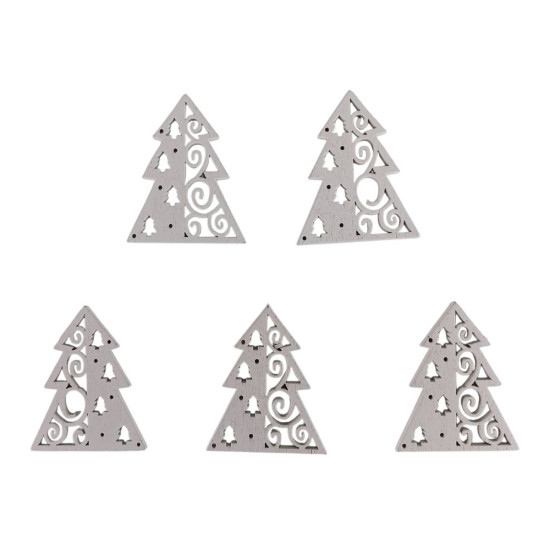 Деревянная елка с завитками и звездами 5 х 6см, белая, 5шт (TK-025)