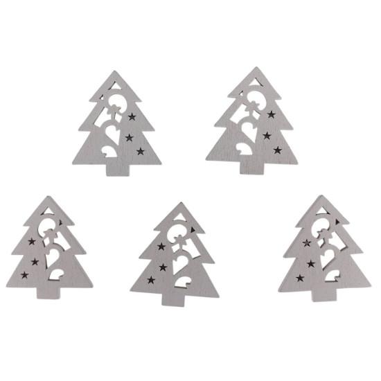 Дерев'яна ялинка з зірками і фігурами 5 х 6см, біла, 5шт (TK-029)