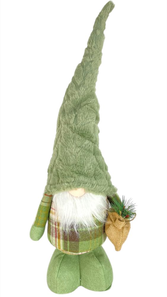 Новогодняя мягкая игрушка Гном с подарком зеленый, стоящий 23 х 15 х 66 см (L01175)