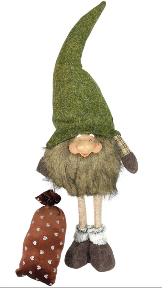 Новогодняя мягкая игрушка Гном с мешочком зеленый, стоящий 28 х 16 х 82 см (L01176)