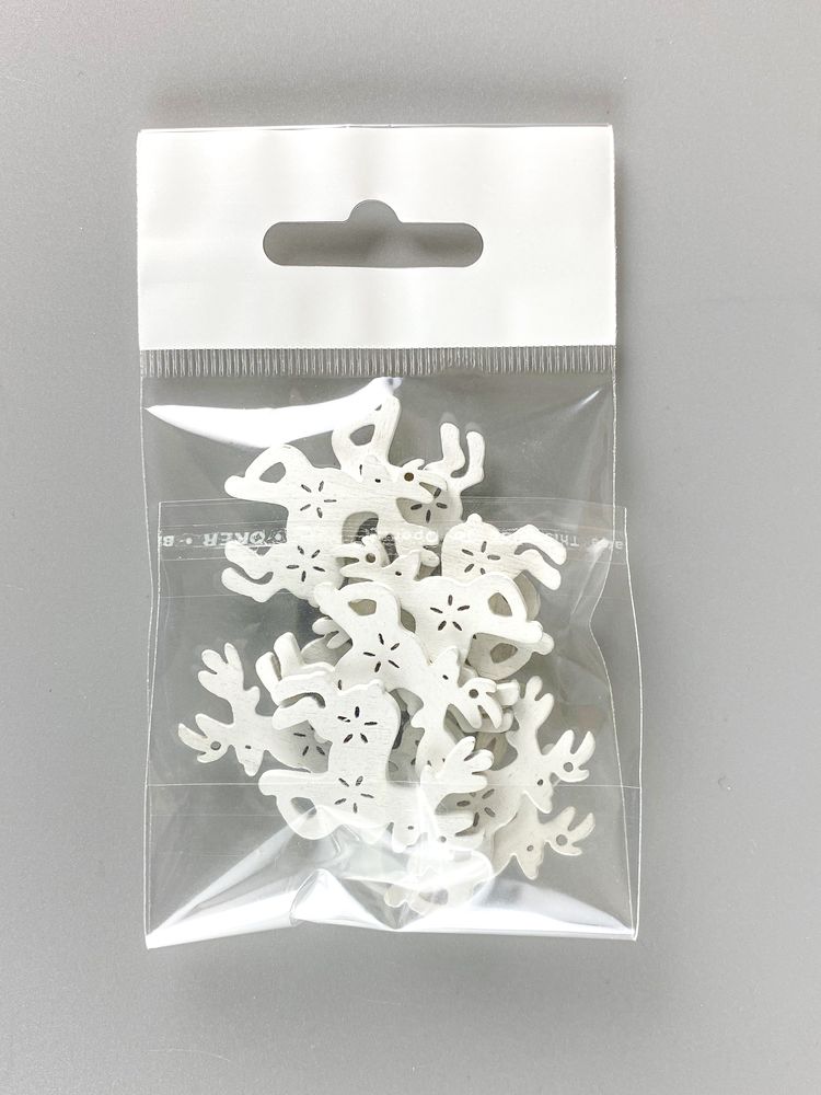 Деревянный олень с снежинками 2 х 3см, белый, 10шт (TK-008)
