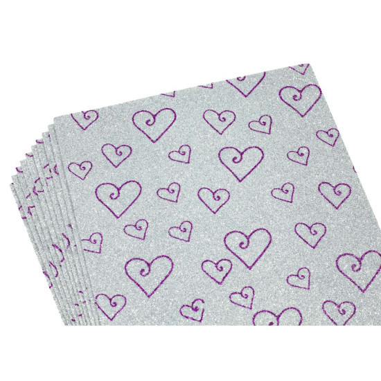 Фоамиран с глиттером 20 х 30см, 2мм, 10 листов, принт сердечки  фиолет  с серебром Серый Unison (10516)