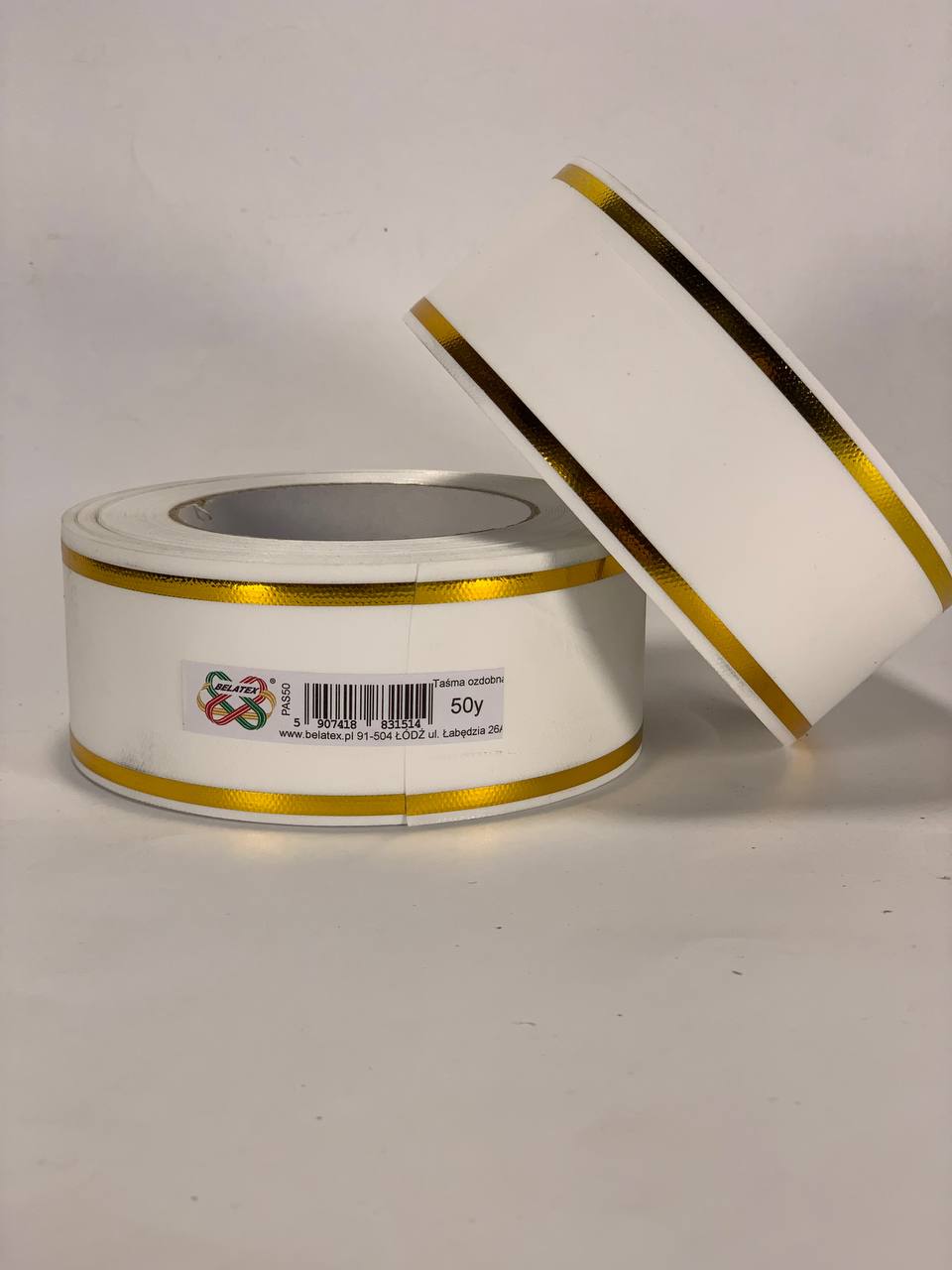 Лента пластиковая 5см, 50 ярд, белая + 2 золотые полоски, BELATEX (PAS50 -2 white)