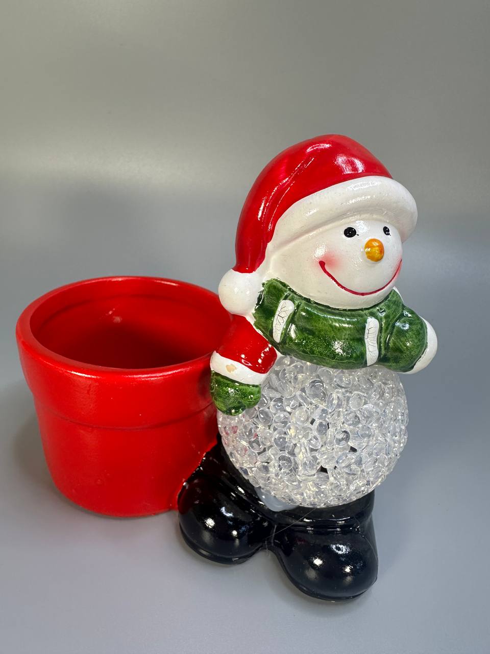 Сувенир декоративный светящийся LED "Санта Клаус. Снеговик с подставкой" 13 х 12см Красный Unison (2322)