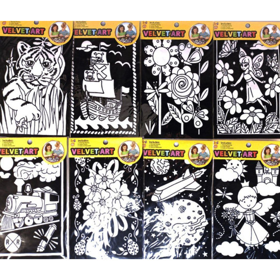 Бархатная раскраска + краски 12 цветов, 16х23см, 8 дизайнов (90182)