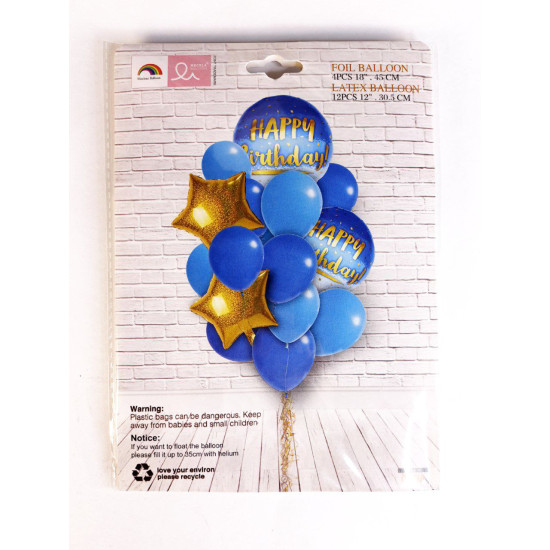 Набор из 16 шариков -4 фольгированных "18" 45 см и 12 латексных "12" 30,5 см, Happy Birthday - синий Синий Pelican (K-569 blue)