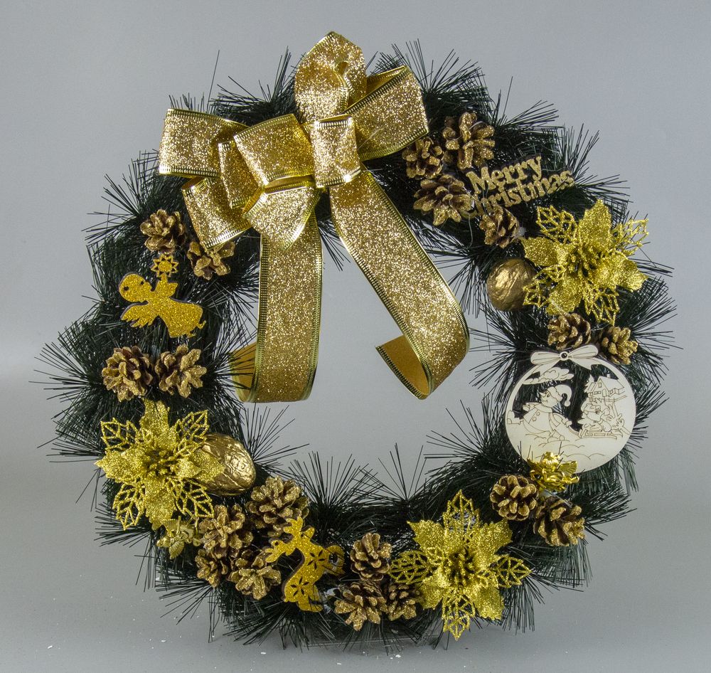 Венок рождественский зеленый 40 см Золотой Unison (C00011)