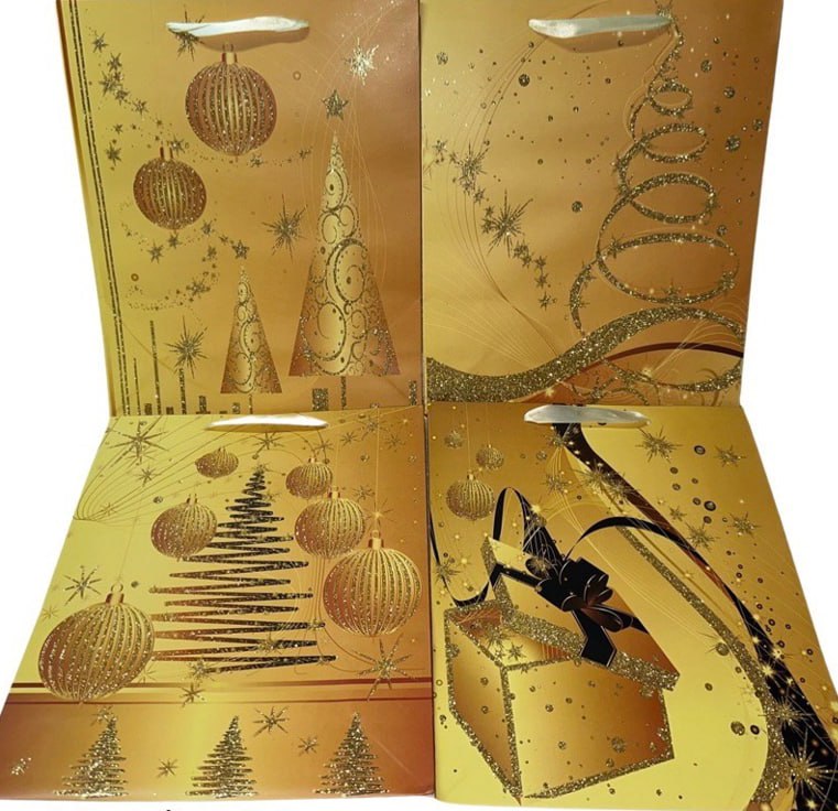 Новогодний подарочный пакетс глитером , 26х32х10см, 4 дизайна,  EF-1037L-1 Золотой Unison (EF-1037L-1)