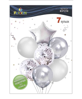 Набор из 7 шариков "Звезда, серебро-белый микс с хромом" Pelican (837310)