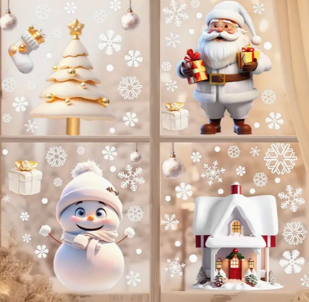 Набор  Рождественских наклеек на окна А4- Санта и праздничные декорации для стекла (3573)