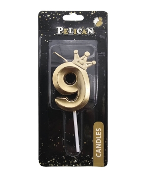 Свеча-цифра 3D с короной "9", золото 6см (863109)