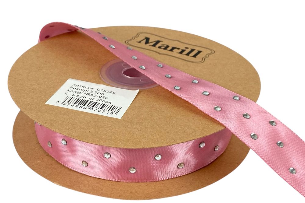 Атласна стрічка 2,5см х 18м зі стразами рожева (D19125-A2-026)