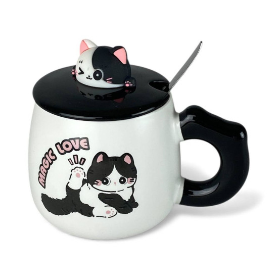 Чашка керамическая 400мл "Кот черно-белый" с крышкой, ложкой (2316-1)