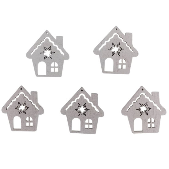 Деревянный домик со снежинкой 5 х 6см, белый, 5шт (TK-026)