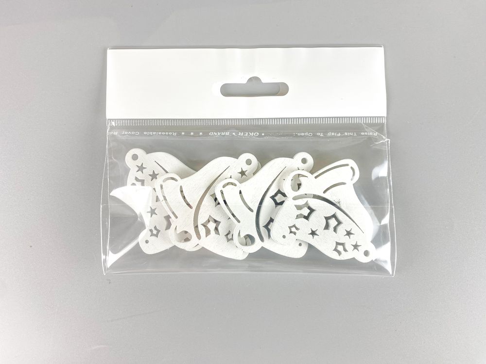 Дерев'яний дзвіночок з зірками  5 х 6см, білий, 5шт (TK-016)