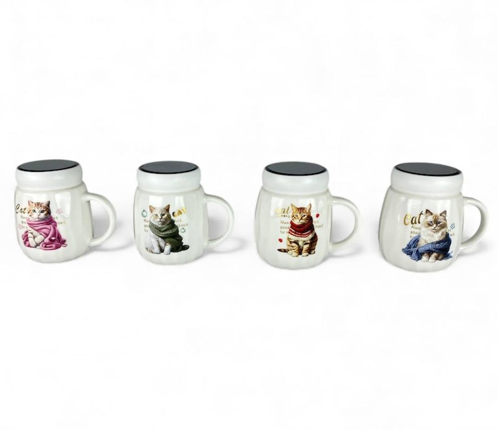 Термо-чашка керамическая 420мл "Котик-зеркальная крышка" (2438-1)