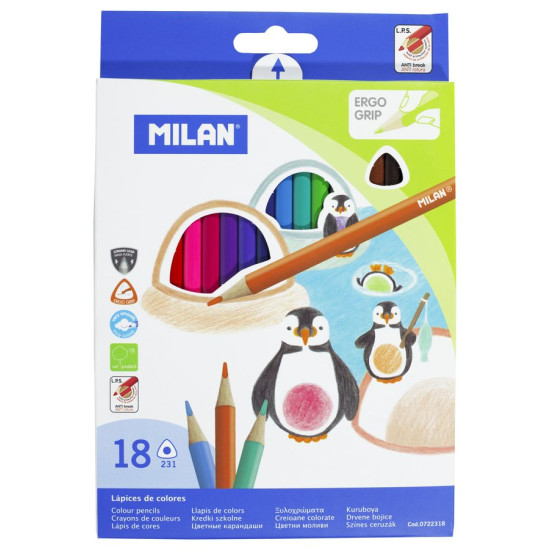 Набір кольорових олівців трикутних 0722318R  ТМ "MILAN" 18шт., D2,9mm (0722318R)