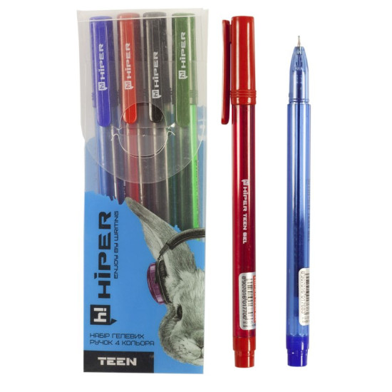 Набір ручок гелевих Hiper Teen Gel  HG-125/4, 0,6мм, червона, синя, зелена та чорна (HG-125/4)