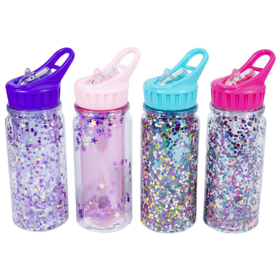 Бутылка пластиковая  380 мл "Блёстки" с трубочкой, 4 цвета, 665 (665-4)