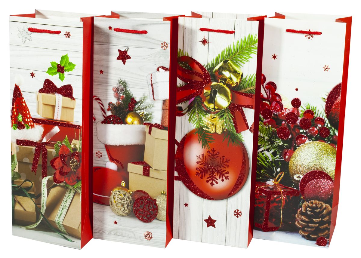 Подарочные пакеты новогодние  под бутылку 12.8*36*8.4см, Unison, 235JD (235JD)