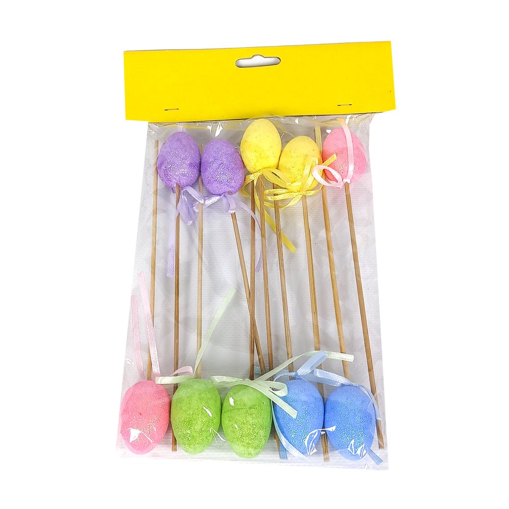 Набор цветных пасхальных яиц 5 х 3см с глиттером - 10шт на деревянной палочке 21см Разноцветный Без бренда (L00530 G)