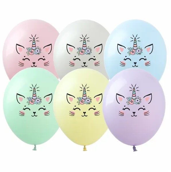 Шарики  12"(30сm) "Котик-единорог" 1-стр 10шт Разноцветный Pelican (828541)
