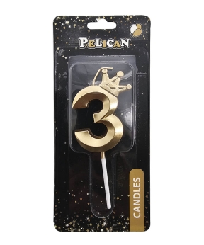 Свеча-цифра 3D с короной "3", золото 6см (863103)