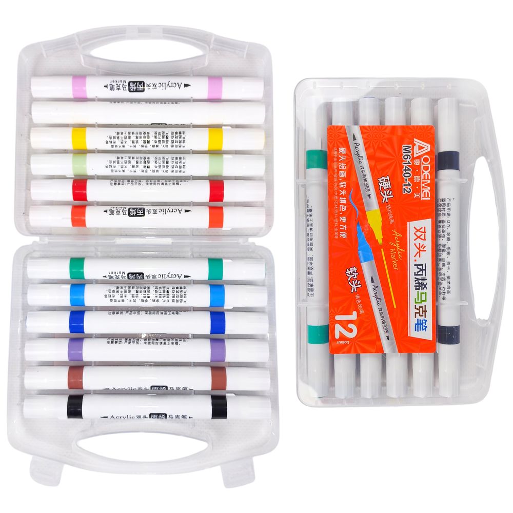 Набор акриловых скетчмакеров двухсторонние Aodemei мягкий+твердый, 12шт (6140-12M)