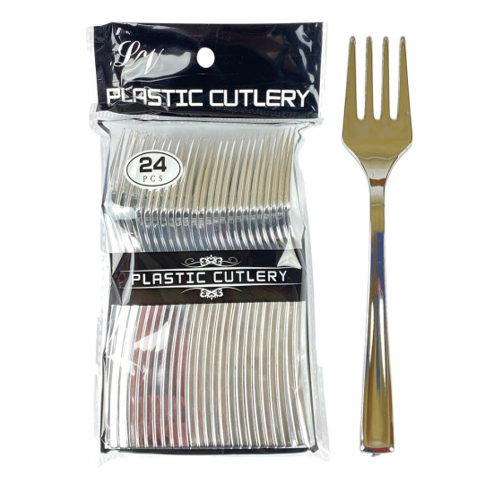 Вилки пластиковые многоразовые серебро, 13см, 24шт/уп (7500-49)