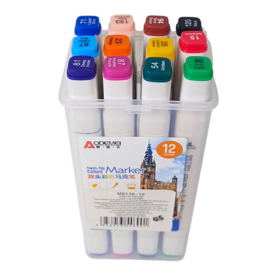 Набор двухсторонних  скетчмаркеров Aodemei, квадратный корпус, 12шт Разноцветный Aodemei (6138-12M)