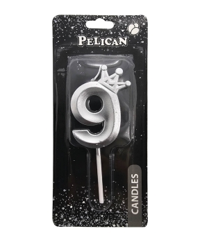 Свеча-цифра 3D с короной "9", серебро 6см (863119)