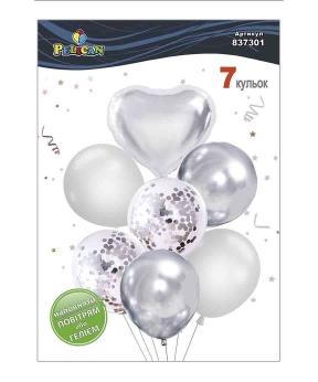 Набор из 7 шариков "Сердце, серебряный микс с хромом" Pelican (837301)