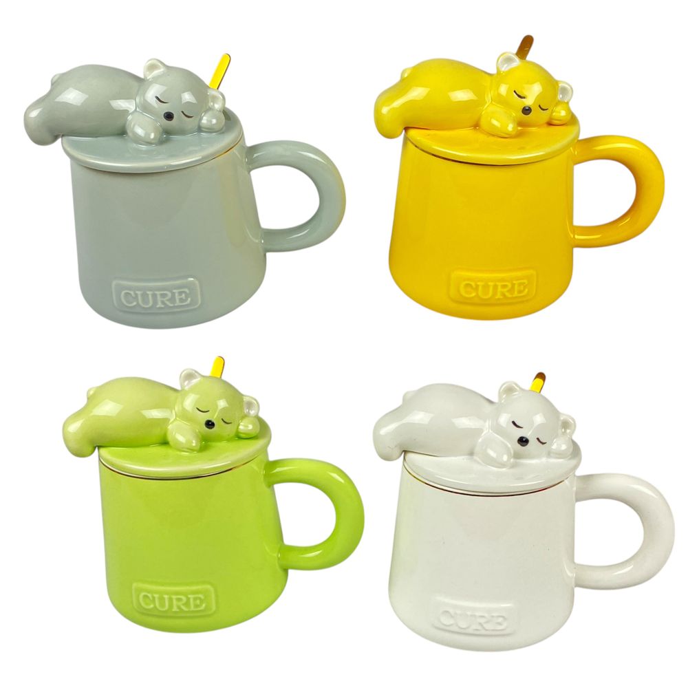 Чашка керамическая 390мл "Мишка спит" с крышкой и металлической ложкой, 4 цвета (496)