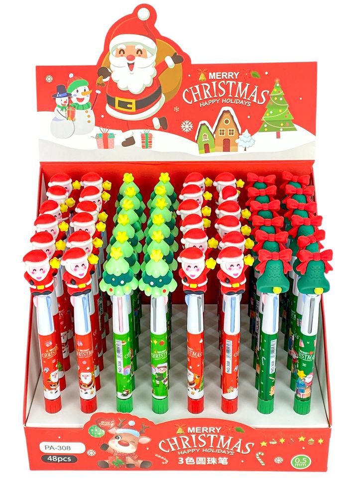 Ручка шариковая 3-х цветная синяя 0,5мм, Новогодняя (PA-308-1)