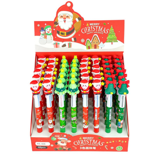 Ручка шариковая 3-х цветная синяя 0,5мм, Новогодняя (PA-308-1)