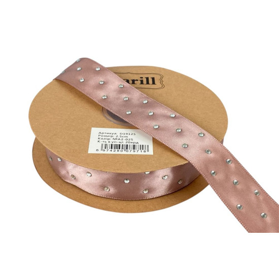 Атласная лента 2,5см х 18м со стразами пудра (D19125-A2-025)