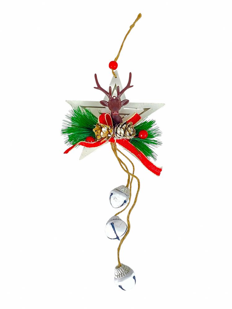 Деревянная подвеска звезда белая с оленем 12 х 12 см (L00409.3)