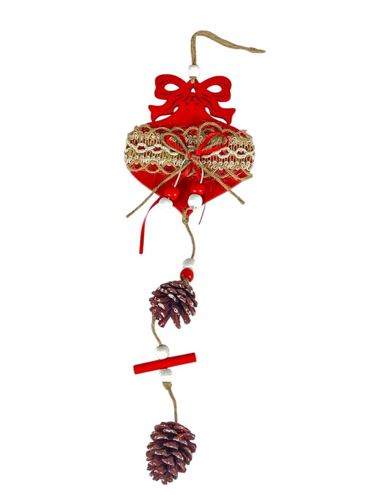 Деревянная подвеска ёлочная игрушка красная с шишками 12 х 12 см (L00410.6)