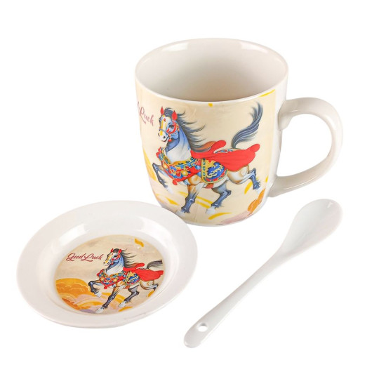 Чашка керамическая 350мл "Красивая Лошадь" с блюдцем, ложкой, в подарочной упаковке (НК-2354)