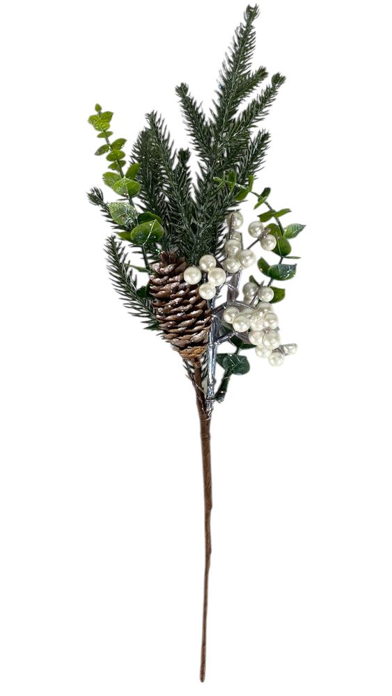 Новорічна гілка 40см, зелена  з шишками та білими ягідками (с30603)