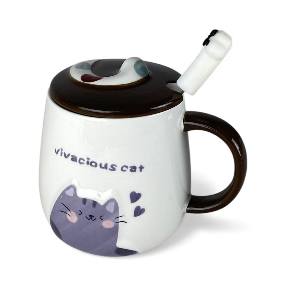 Чашка керамическая 400мл "Котик-лапка" с крышкой, ложкой 4 вида (1060)