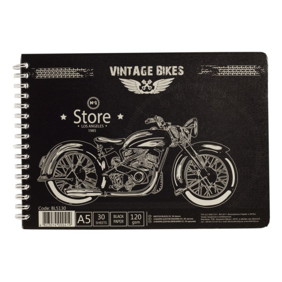 Альбом для малювання на спіралі KRAFT 30 аркушів, 120г/м А5. чорний папір Ofort (BL5130)