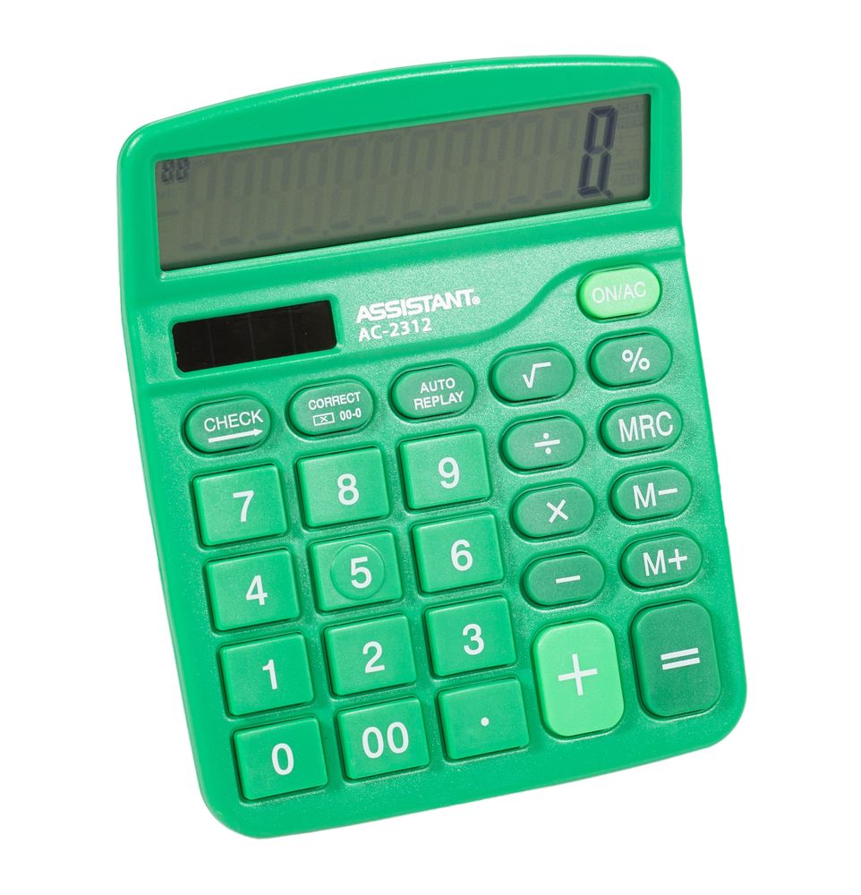 Калькулятор  настольный зелёный, Assistant, 12разр., 2-е питание, 138х103ч27мм, AC-2312 (AC-2312 green)