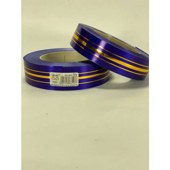 Лента пластиковая 3см, 50 ярд, темно синяя  3 золотых полосы Синий Unison (PAS30 -dark blue)
