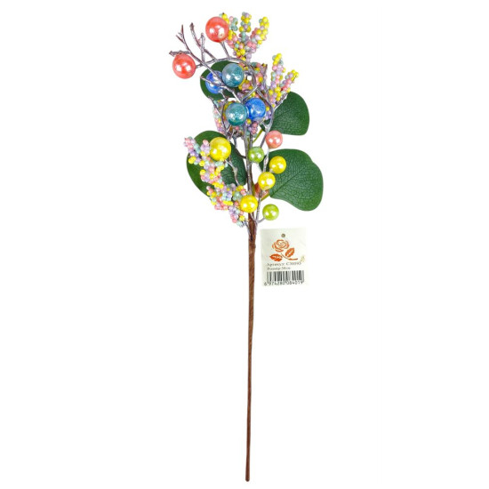 Новорічна гілка з ягідками   38 см, зелена з кольоровими кульками (с30593)